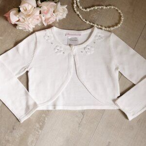 Girls Cotton White Sweater Cardigan Shrug Bolero Pearls Floral Appliqués NWT